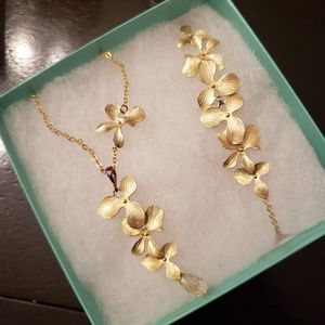 Gold Finish Orchid Necklace and Bracelet Set
